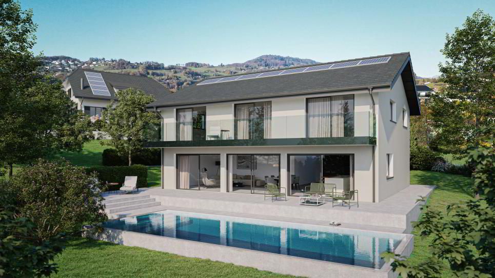 Splendid house to be built with swimming pool and panoramic views of the lake and mountains